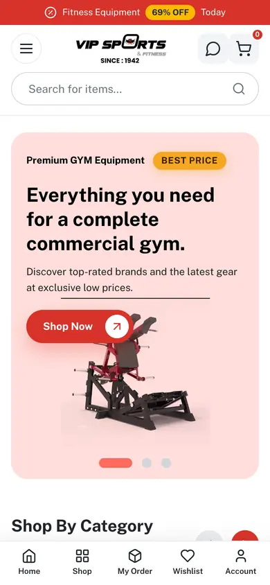 VIP Sports & Fitness home page on a phone